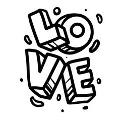 Love hand drawn text cartoon in flat stroke 3d illustration for design element