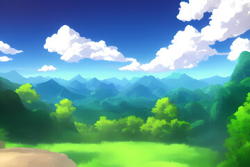 Fototapeta na wymiar Landscape scene illustration digital painting with greenery, mountains, hills, meadows, blue skies