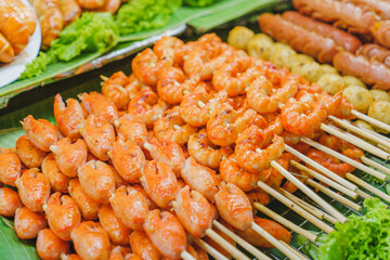 Many Shrimp Meatballs Skewers at Thailand market plaza