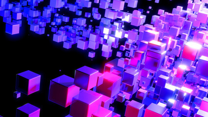 Abstract technology background with 3D cubes in space, purple blue neon glowing cubes on black, 3D render illustration.