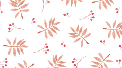 Beautiful watercolor pattern of branches with pink leaves. Vector watercolor wallpaper with white and pink floral wallpaper.