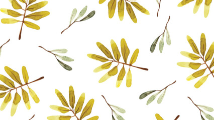 Watercolor botanical wallpaper with yellow leaves. Yellow and green leaves watercolor illustration. Plant pattern with yellow and green branches.