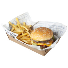 hamburger and fries in box
