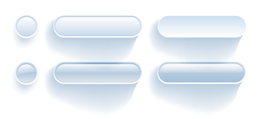 White blue buttons for user interface, simple 3D modern design for mobile, web, social media, business. Minimal style UI icons set, vector illustration.