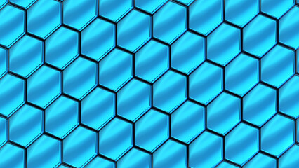 Blue hexagons 3D geometric background, shiny metallic honeycomb pattern