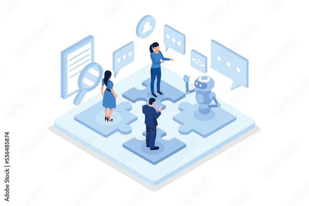 Poster interaction between team and robot. can use for web banner, infographics, hero images, isometric vec