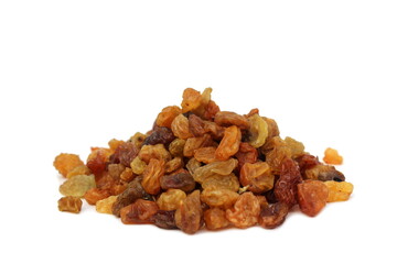 A bunch of brown raisins on a white background.