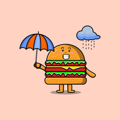 Cute cartoon Burger character in the rain and using an umbrella in flat modern style design