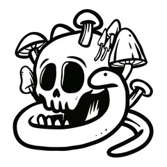 skull, mushroom and snake illustration hand drawn for design element.