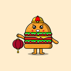 Cute cartoon Burger chinese character holding lantern in vector icon illustration