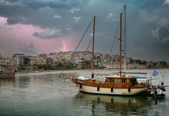 view of Pasalimani port and Kastela at a rainy day.Piraeus city, Greece