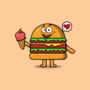 Cute Cartoon Burger character holding ice cream cone in modern cute style illustration