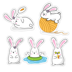 Cute set of baby animals rabbits stickers in cartoon kawaii style. Vector characters bunny bundle for kids.