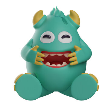 3D Illustrations. Cute Monster 3D Cartoon Illustration showing his teeth. sitting relaxed on the floor. both hands holding the mouth. 3D Cartoon Character