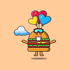 Cute cartoon Burger mascot is skydiving with balloon and happy gesture cute modern style design 