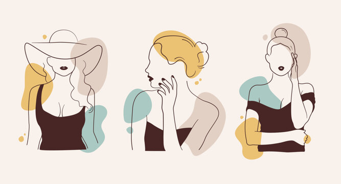 Set of women in elegant line art style concept