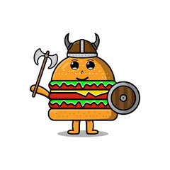 Cute cartoon character Burger viking pirate with hat and holding ax and shield 