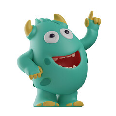  3D  illustration. 3D Cute Monster Cartoon Design pointing and looking up. one hand is on the waist. with a happy laughing expression. 3D Cartoon Character