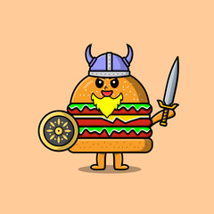 Cute cartoon character Burger viking pirate with hat and holding sword and shield illustration