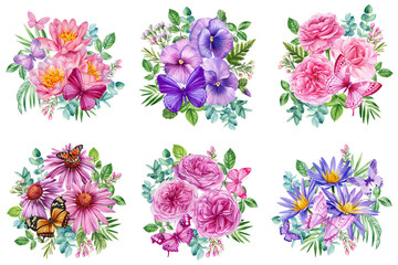 Fototapeta na wymiar Bouquet with flowers and butterflies, floral Illustration in vintage watercolor style. Flora design.