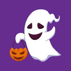 Halloween Ghost Holding Pumpkin Design Flat Illustration
