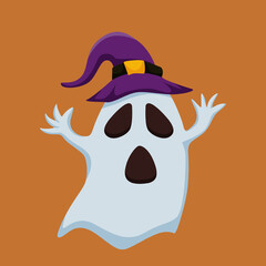 Halloween Ghost with Witch Hat Design Flat Illustration