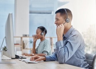 Call center, crm and phone call in office with man, woman and headphones for communication in...