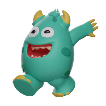 3D illustration. 3D Cute Monster Cartoon Character having a happy expression. walk while swinging your arms backwards. by having two horns on the head. 3D Cartoon Character