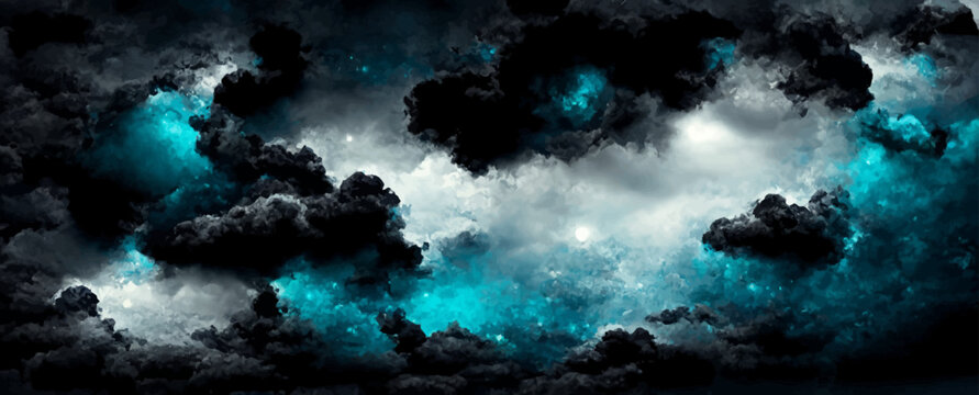 black blue night sky with clouds, dark teal skies, background, banner.