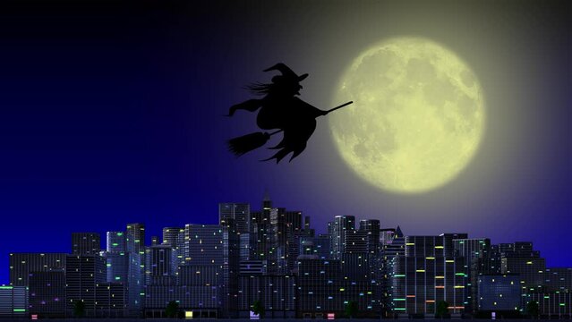 Filmato. Illustrazione 3D. Halloween. Befana. Strega in volo nella notte. Ricorrenza nella stagione autunno, inverno, nei mesi di ottobre, novembre, gennaio..