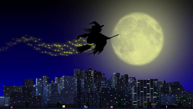 Filmato. Illustrazione 3D. Halloween. Befana. Strega in volo nella notte. Ricorrenza nella stagione autunno, inverno, nei mesi di ottobre, novembre, gennaio..