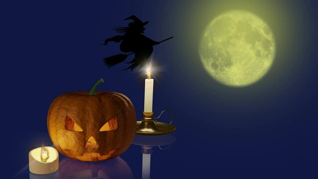 Filmato. Illustrazione 3D. Halloween. Befana. Strega in volo nella notte. Ricorrenza nella stagione autunno, inverno, nei mesi di ottobre, novembre, gennaio..