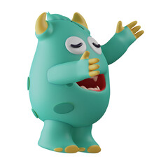  3D Illustration. Cute Monster 3D character with closed eyes. walking with both hands extended forward. in a strange pose. 3D Cartoon Character