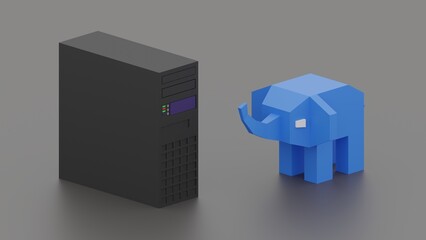 Blue elephant and tower server on grey background. PostgreSQL free database symbol concept or metaphor. 3d illustration