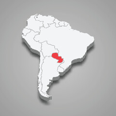 Paraguay country location within South America. 3d map