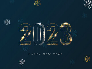 Golden And Silver Glittering 2023 Number With Snowflakes Decorated On Teal Blue Background For Happy New Year Concept.