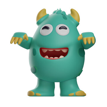 3D  illustration. 3D Cute Monster character cartoon as a happy zombie. showing a smile showing teeth. has two horns on the head. 3D Cartoon Character