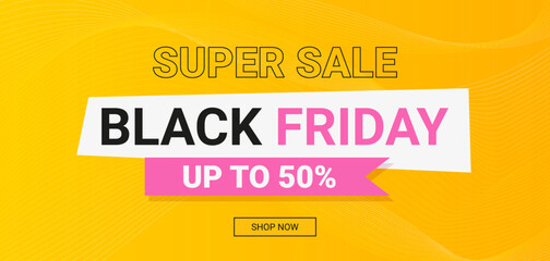 texts black friday super sale up to 50 on yellow background with abstract waves
