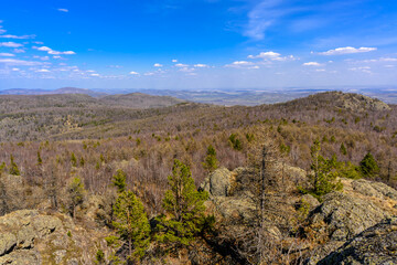 South Ural Mountains with a unique landscape, vegetation and diversity of nature in spring.