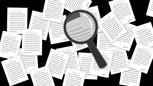 4k animated magnifying glass moving around and inspecting documents, seamless loop, green screen included