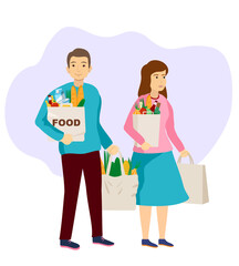 Young couple carrying bags with purchases. Boy and girl doing grocery shopping. People going for shopping. Flat cartoon colorful vector illustration.