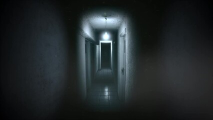 Scary background. Flickering light bulb in a dirty hallway - Powered by Adobe