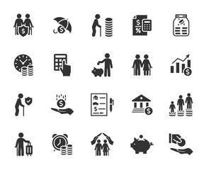 Vector set of pension flat icons. Contains icons retirement plan, money deposit, inheritance, pension fund, savings, investments, pension payment, allowance and more. Pixel perfect.