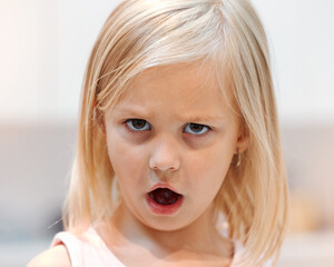 Angry, little girl and tantrum face portrait reaction to shock of rejection and disappointment....