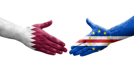 Handshake between Cape Verde and Qatar flags painted on hands, isolated transparent image.