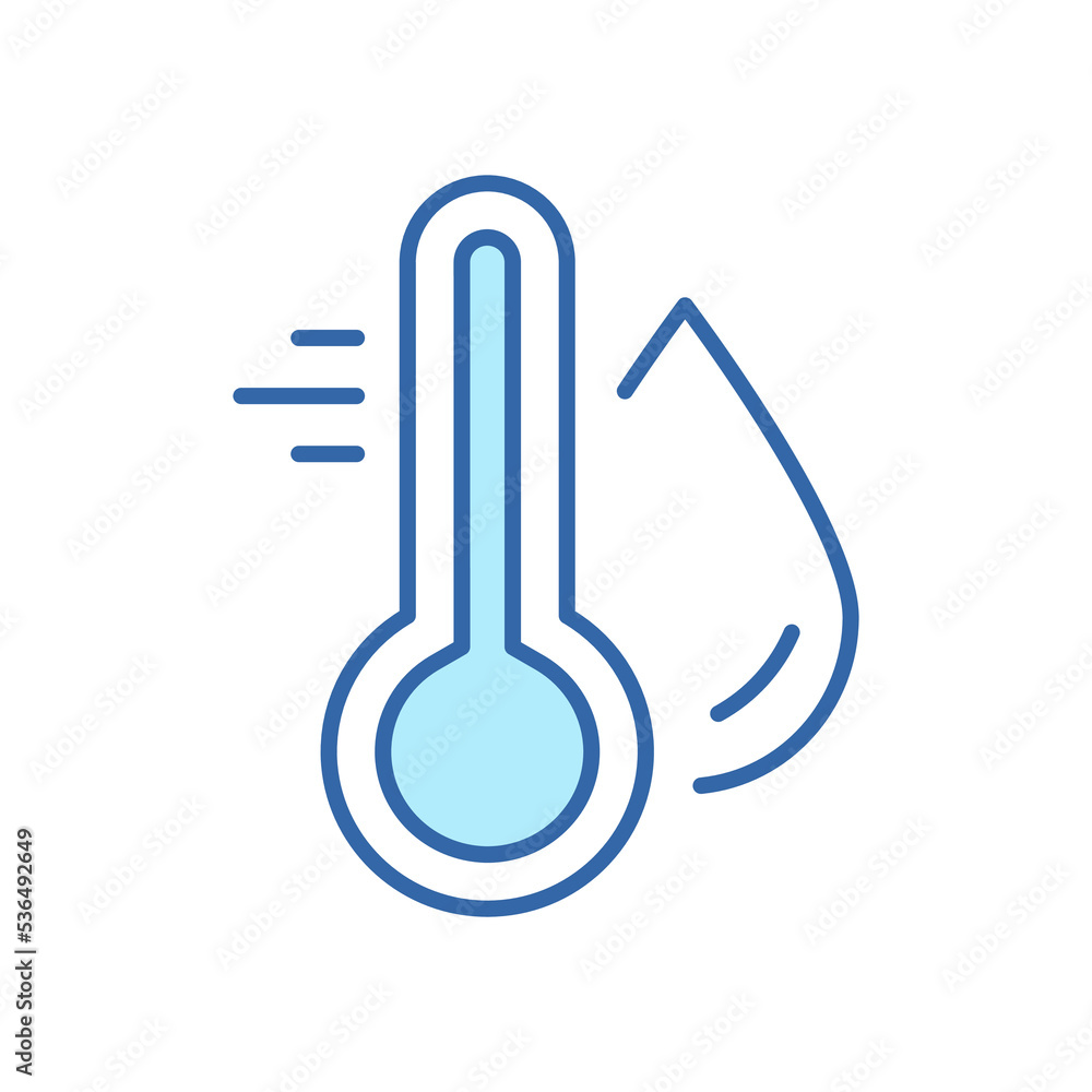 Poster water temperature indicator line color icon. mercury thermometer and water drop linear pictogram. te