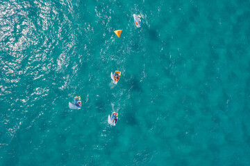 Sailing boat in the sea. Top view.