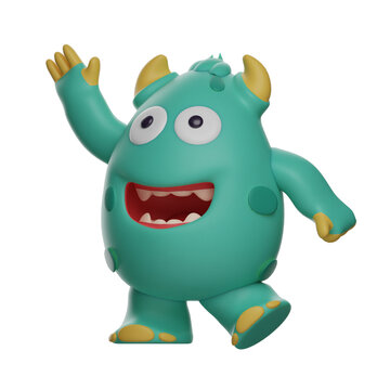  3D illustration. 3D Cute character Monster image waving. in a strange pose. showing a cute smile. 3D Cartoon Character