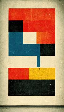 Old abstract Bauhaus poster on an grunge, yellow, vintage paper, retro stile, geometric shapes, lines squares, black, teal, dark blue, orange, yellow, gray colorful background with copy space for text © Little River