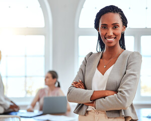 Black woman, entrepreneur and leader stand in office happy, proud or confident in business, project...